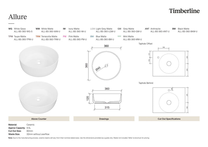 Allure Basin 360mm Ivory Matt Spec Sheet