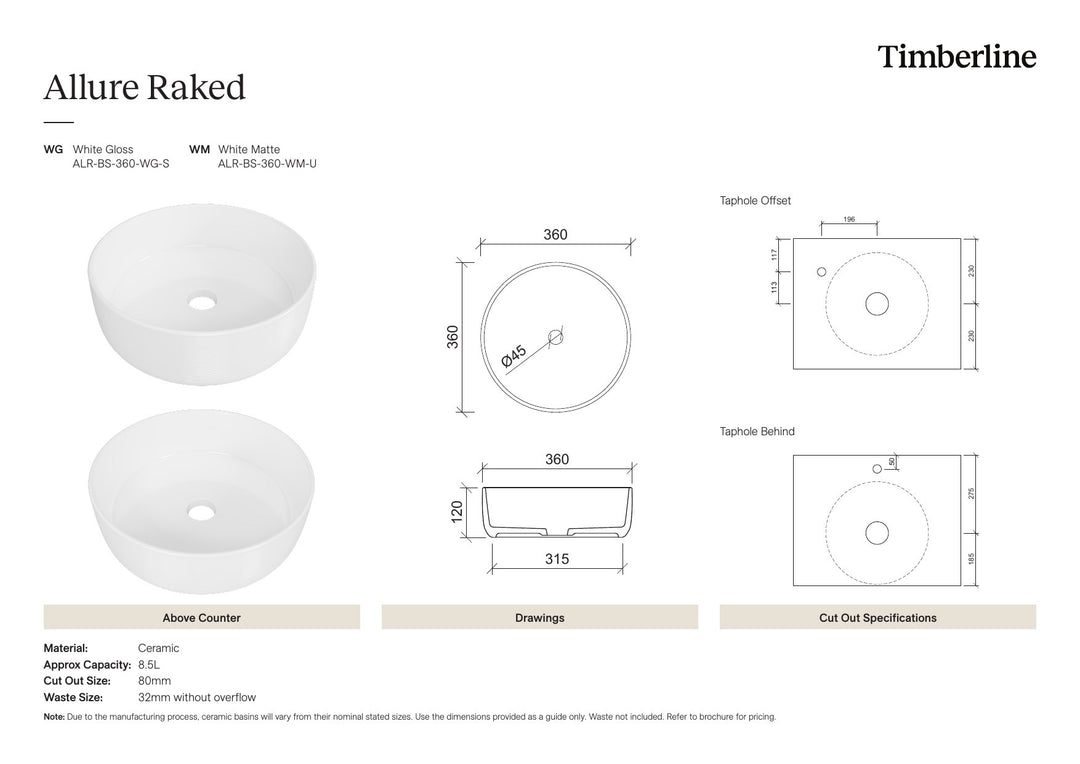 Allure Raked Basin 360mm White Matt Spec Sheet