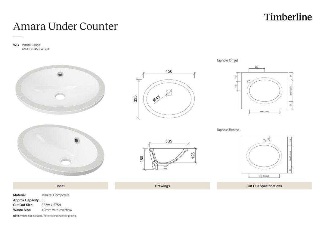 Amara Undermount Basin 450mm White Gloss Spec Sheet