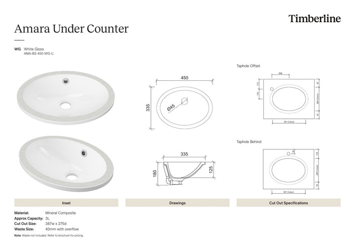 Amara Undermount Basin 450mm White Gloss Spec Sheet