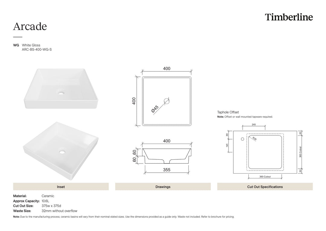 Arcade Basin 400mm White Gloss Spec Sheet