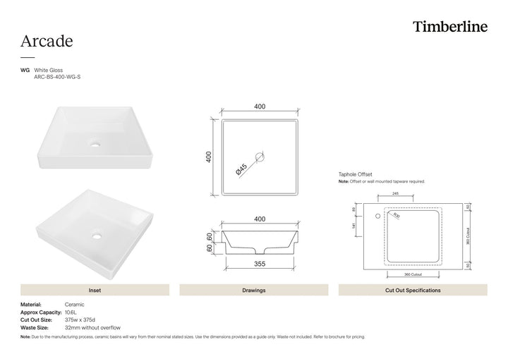 Arcade Basin 400mm White Gloss Spec Sheet