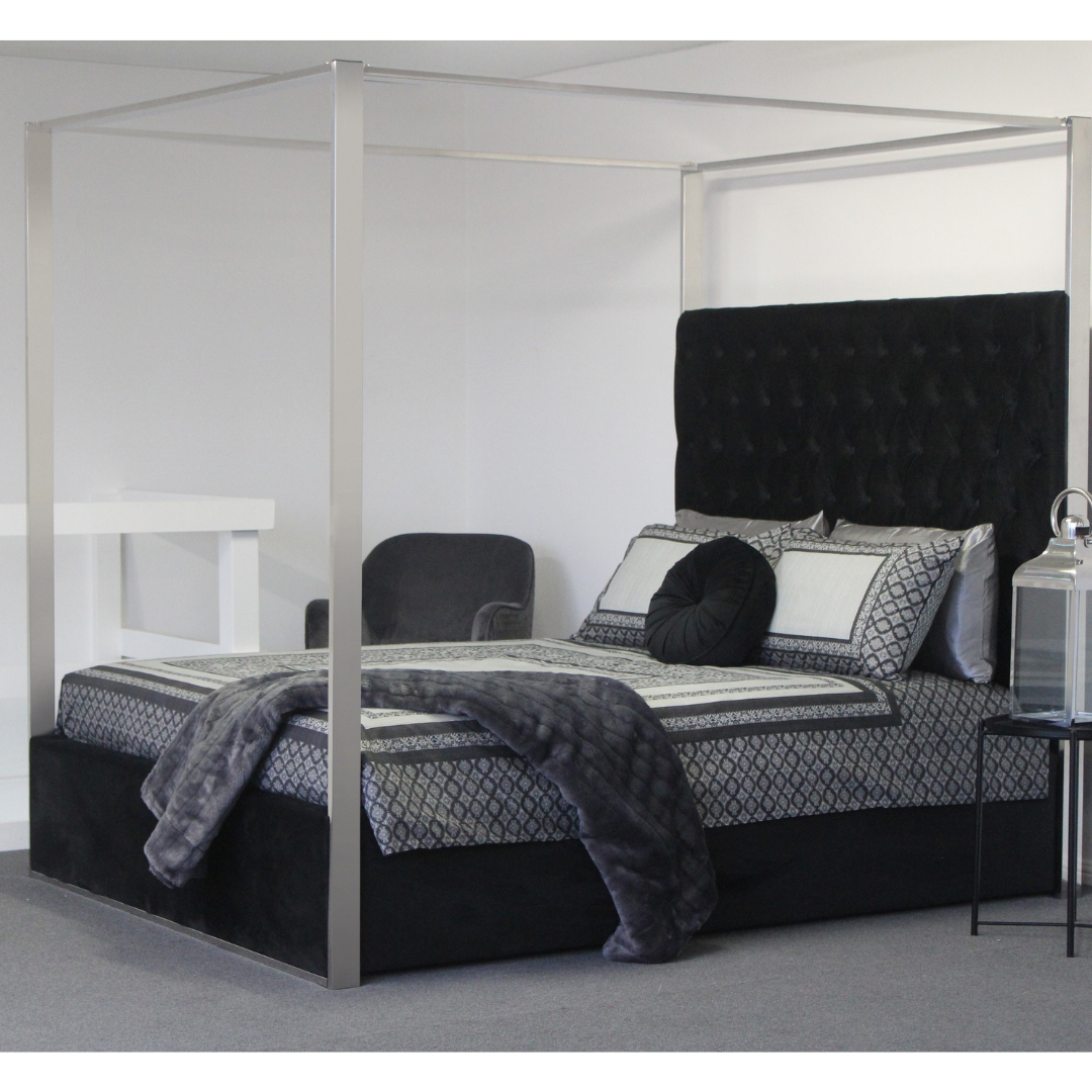 Alexandria Queen Bed Black velvet chrome 4 poster canopy bed