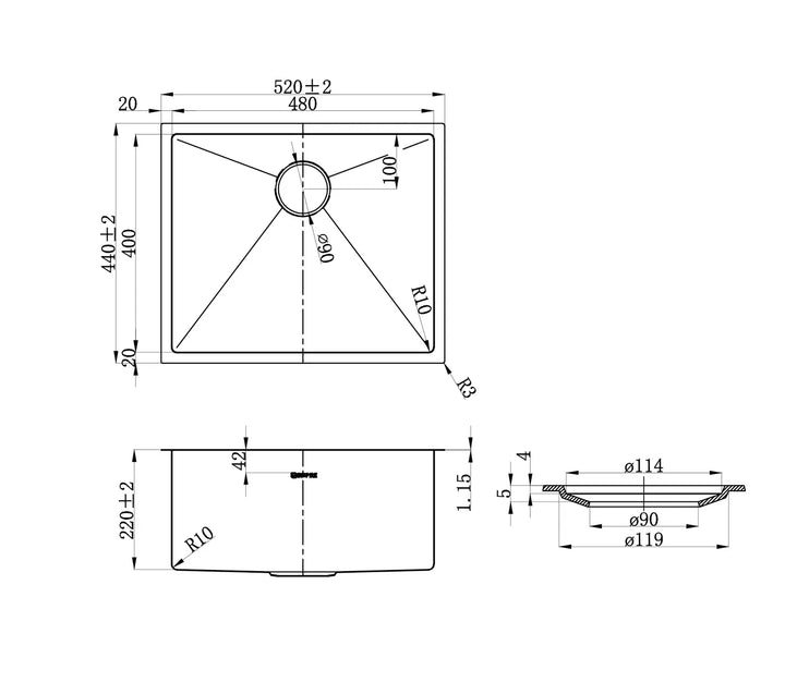 Axon Sink 52S 520x440x220mm - Gun Metal