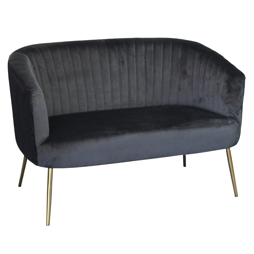 Perla 2 Seater Black velvet fluted back Gold legs