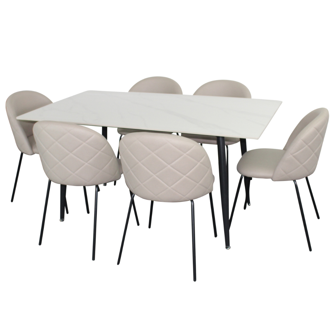 Fiore 7 Pce Dining - White Marble with Fabric Chairs