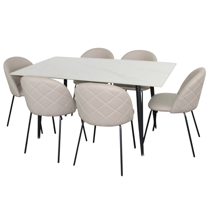 Fiore 7 Pce Dining - White Marble with Fabric Chairs