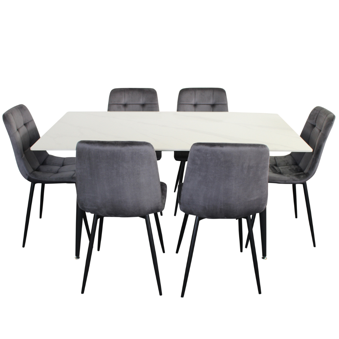 Fiore 7 Pce Dining - White Marble/Grey Velvet Chairs