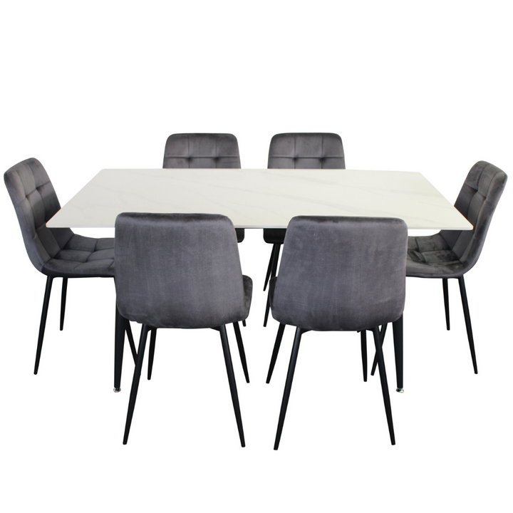 Fiore 7 Pce Dining - White Marble/Grey Velvet Chairs