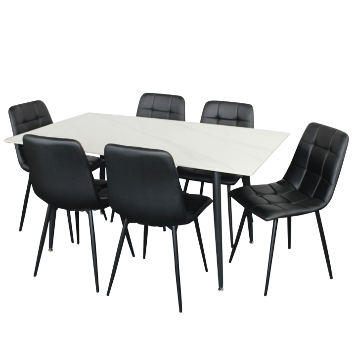 Fiore 7 Pce Dining White Marble/Black Faux Leather Chairs