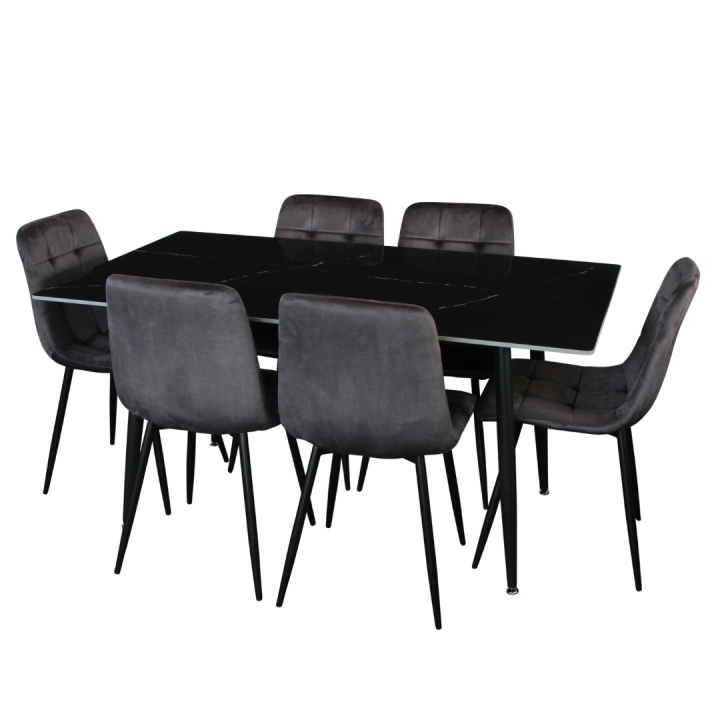Fiore 7 Pce Dining - Black Marble/Grey Velvet Chairs