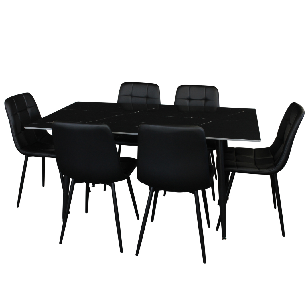 Fiore 7 Pce Dining Black Marble/Black Velvet Chairs