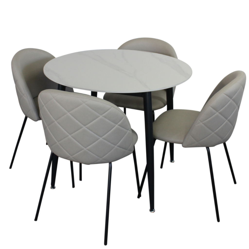 Fiore 5 Pce Round Dining - White Marble with Fabric Chairs