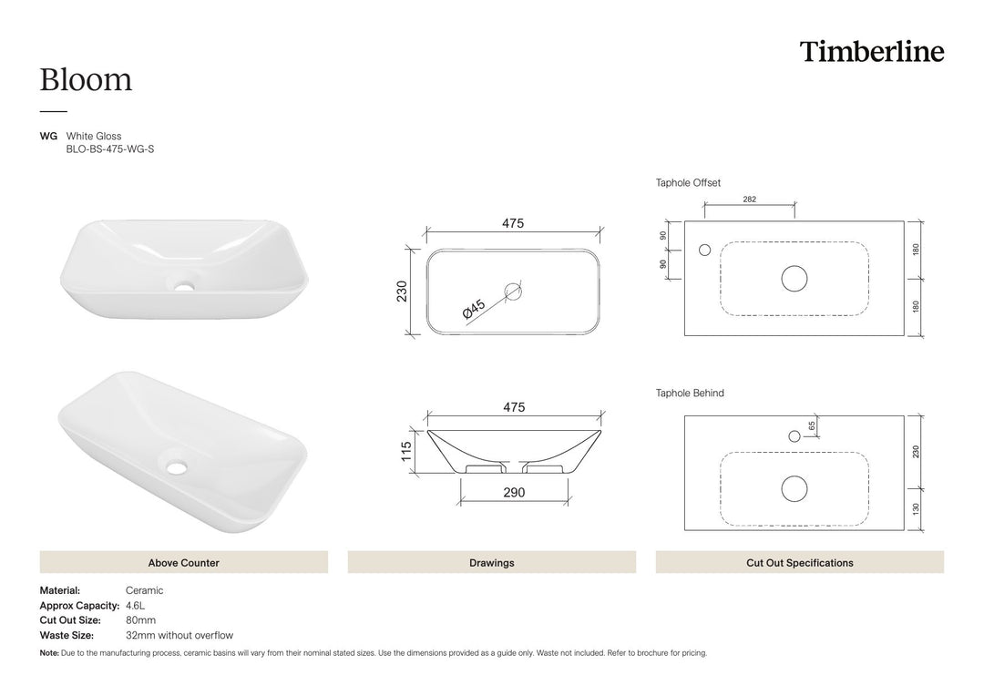 Bloom Basin 475mm White Gloss Spec Sheet