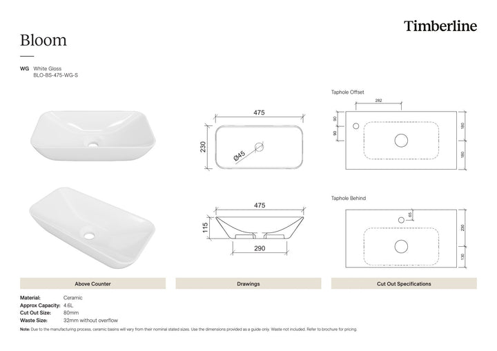 Bloom Basin 475mm White Gloss Spec Sheet