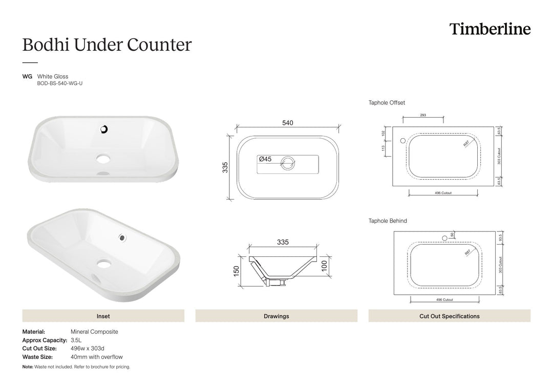Bodhi Undermount Basin 540mm White Gloss Spec Sheet