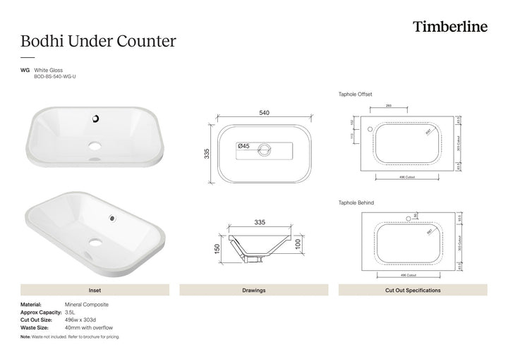 Bodhi Undermount Basin 540mm White Gloss Spec Sheet