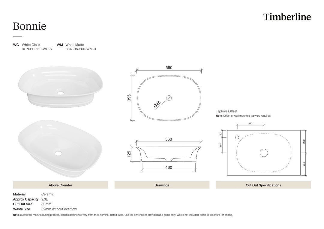 Bonnie Basin 560mm White Matt Spec Sheet