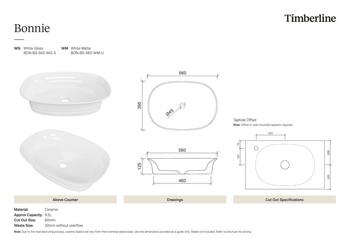Bonnie Basin 560mm White Matt Spec Sheet