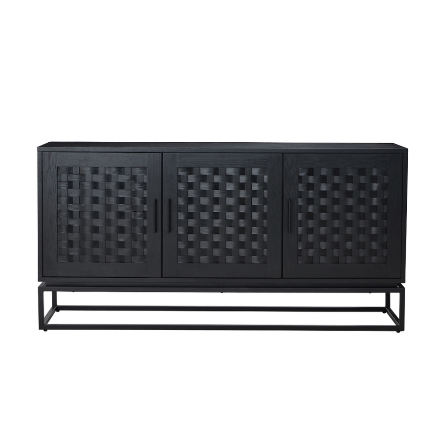Black cabinet with geometric pattern on a white background