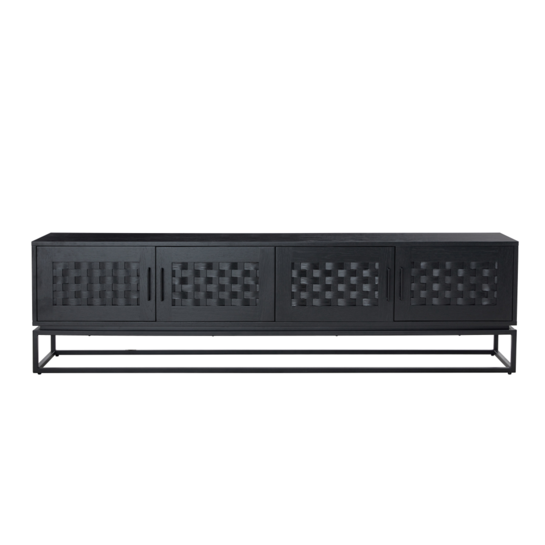 Black metal cabinet with perforated design on a white background