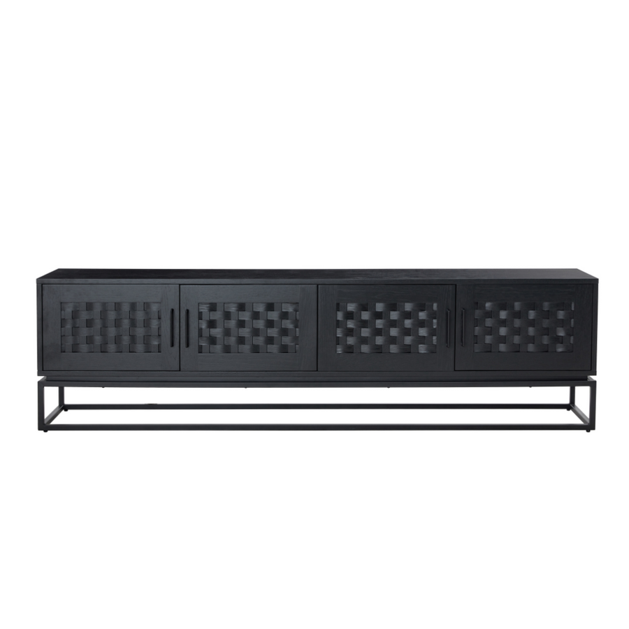 Black metal cabinet with perforated design on a white background
