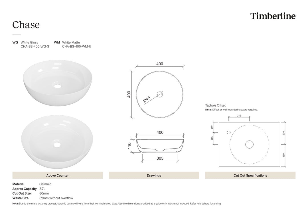 Chase Basin 400mm White Matt Spec Sheet