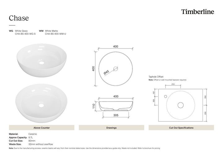 Chase Basin 400mm White Matt Spec Sheet