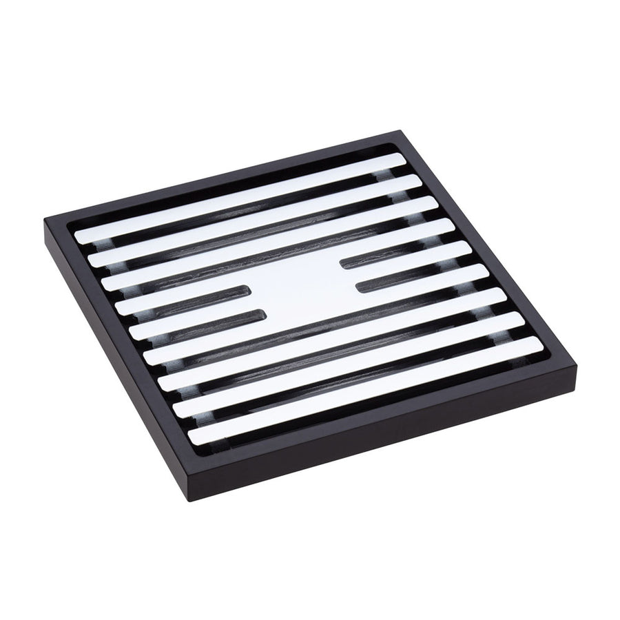 Square Slim Grate Floor Waste, 88mm Outlet, Matte Black & Chrome - Pilbara Bathroom Warehouse Perth and regional Western Australia