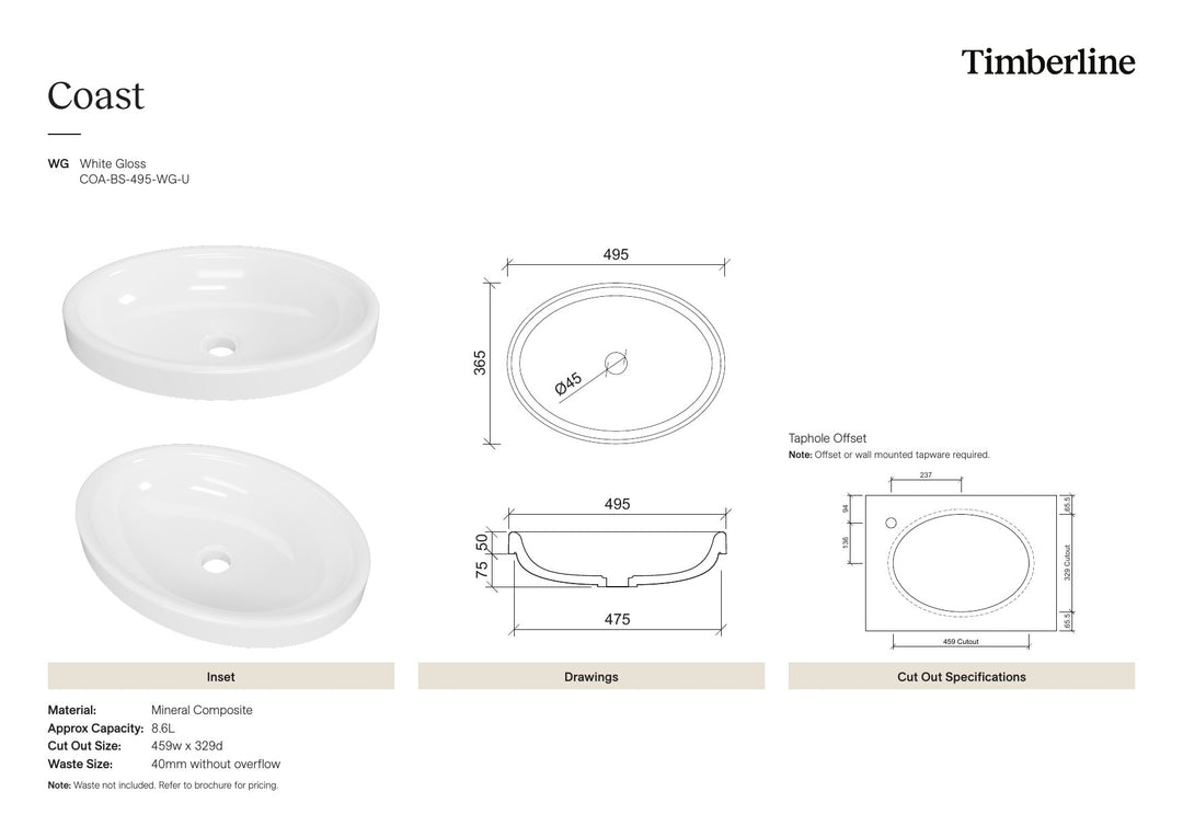Coast Basin 495mm White Gloss Spec Sheet