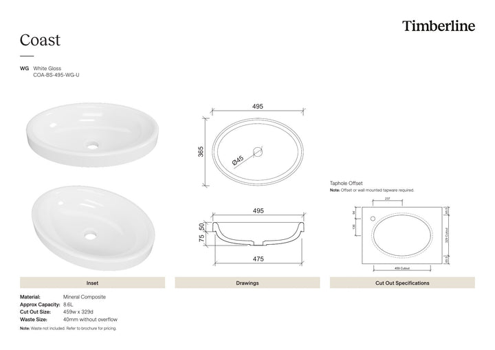 Coast Basin 495mm White Gloss Spec Sheet