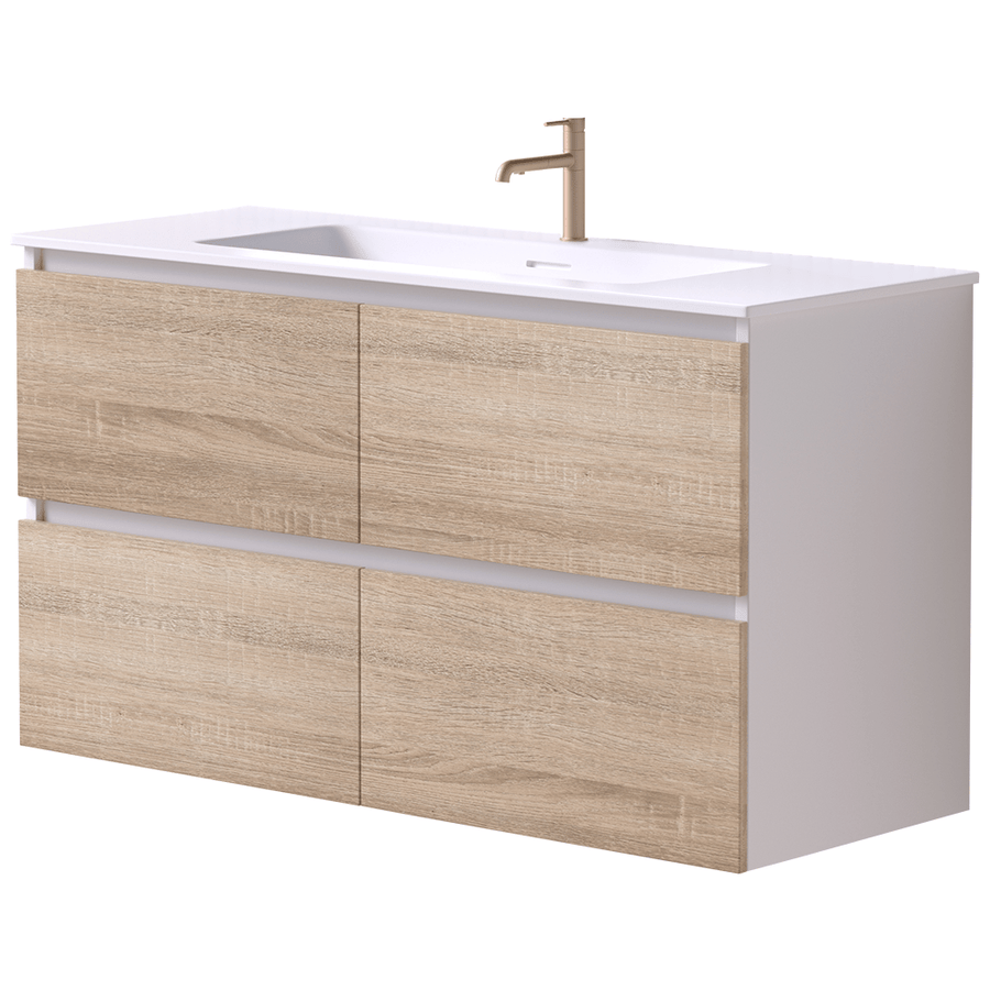 Mia 120cm 4 Drawer Wall Hung Vanity Matte White Timber – Pilbara Bathroom Warehouse Perth WA