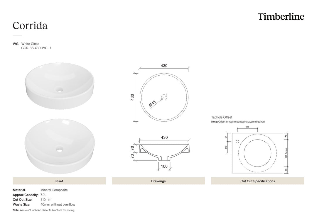 Corrida Basin 430mm White Gloss Spec Sheet