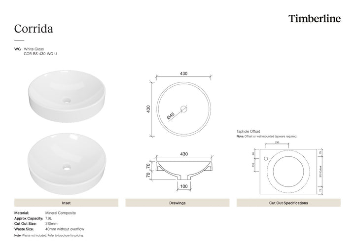 Corrida Basin 430mm White Gloss Spec Sheet