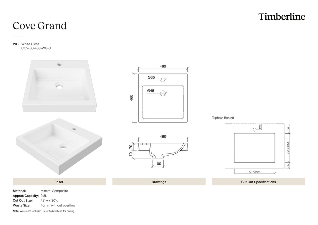 Cove Basin 1TH 460mm White Gloss Spec Sheet