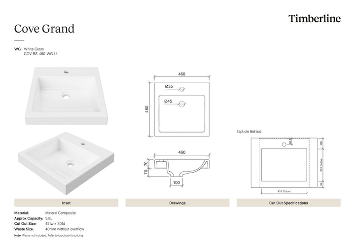 Cove Basin 1TH 460mm White Gloss Spec Sheet