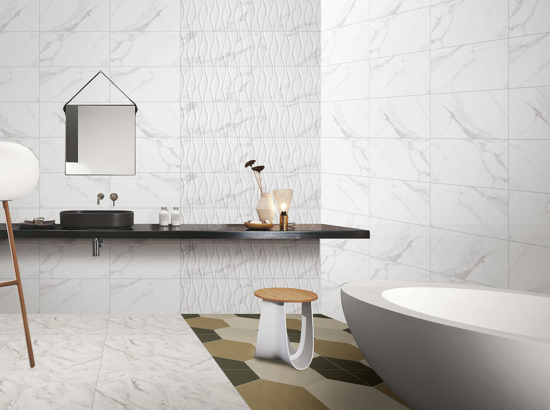 Carrara Cerra Gloss Tile 300x600 with marble-inspired glossy finish White marble texture with subtle gray veins