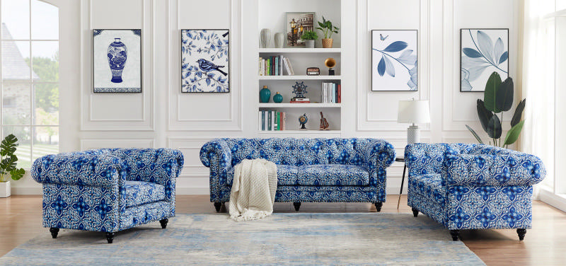 Chesterfield 3 Seater Digital Print Moroccan Blue Velvet