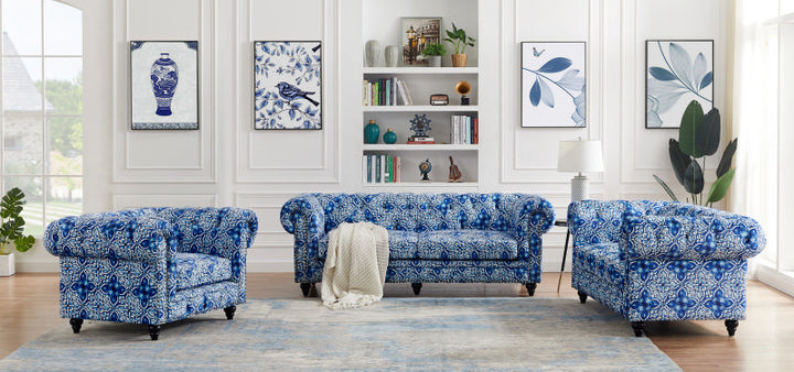 Chesterfield 3 Seater Digital Print Moroccan Blue Velvet