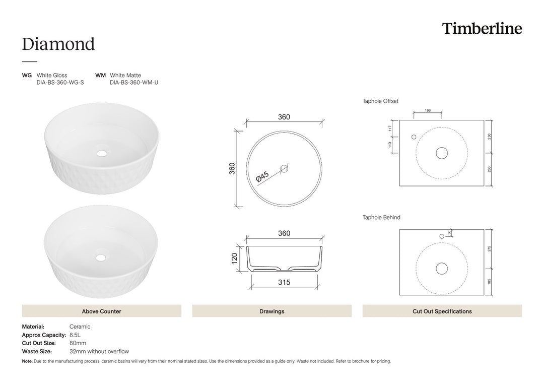 Diamond Basin 360mm White Matt Spec Sheet