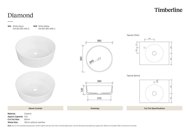 Diamond Basin 360mm White Matt Spec Sheet