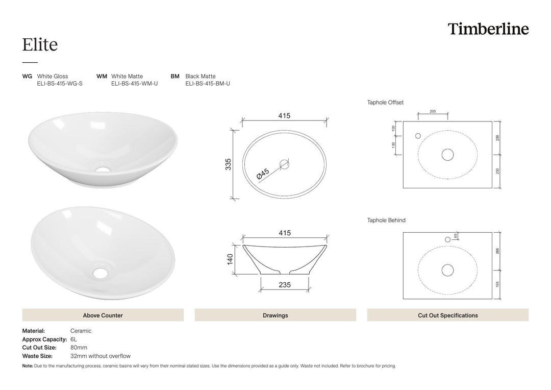 Elite Basin 415mm White Matt Spec Sheet