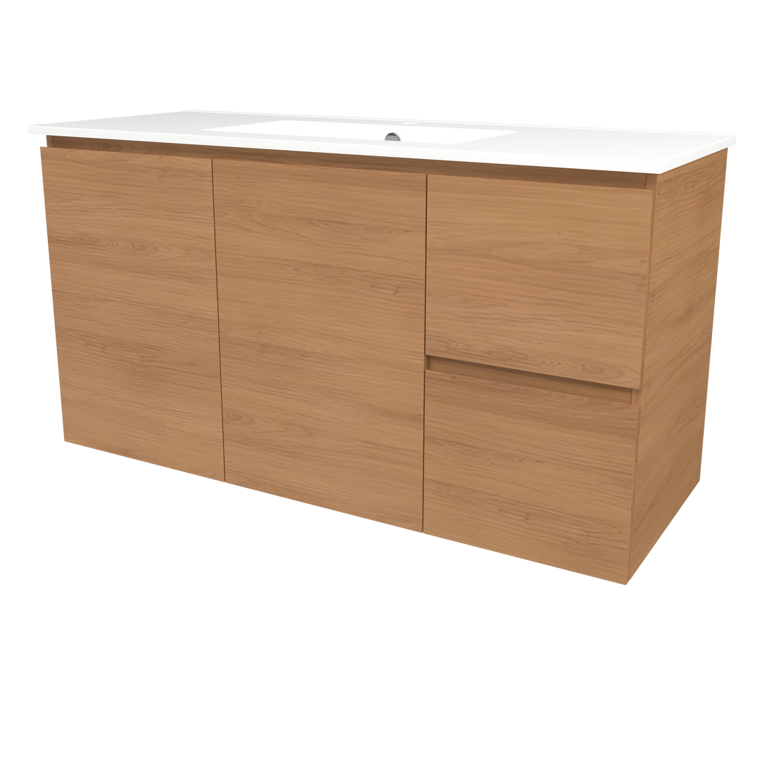 Elemental Vanity Tassie Oak 1200mm Centre Bowl Alpha Top Floor Standing