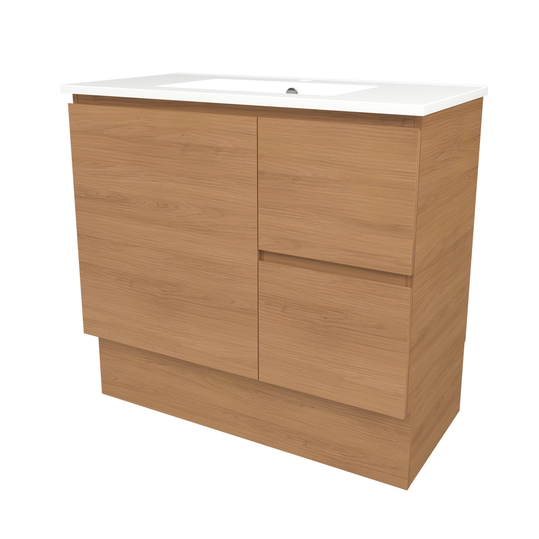 Elemental Vanity Tassie Oak 900mm Centre Bowl Alpha Top Floor Standing