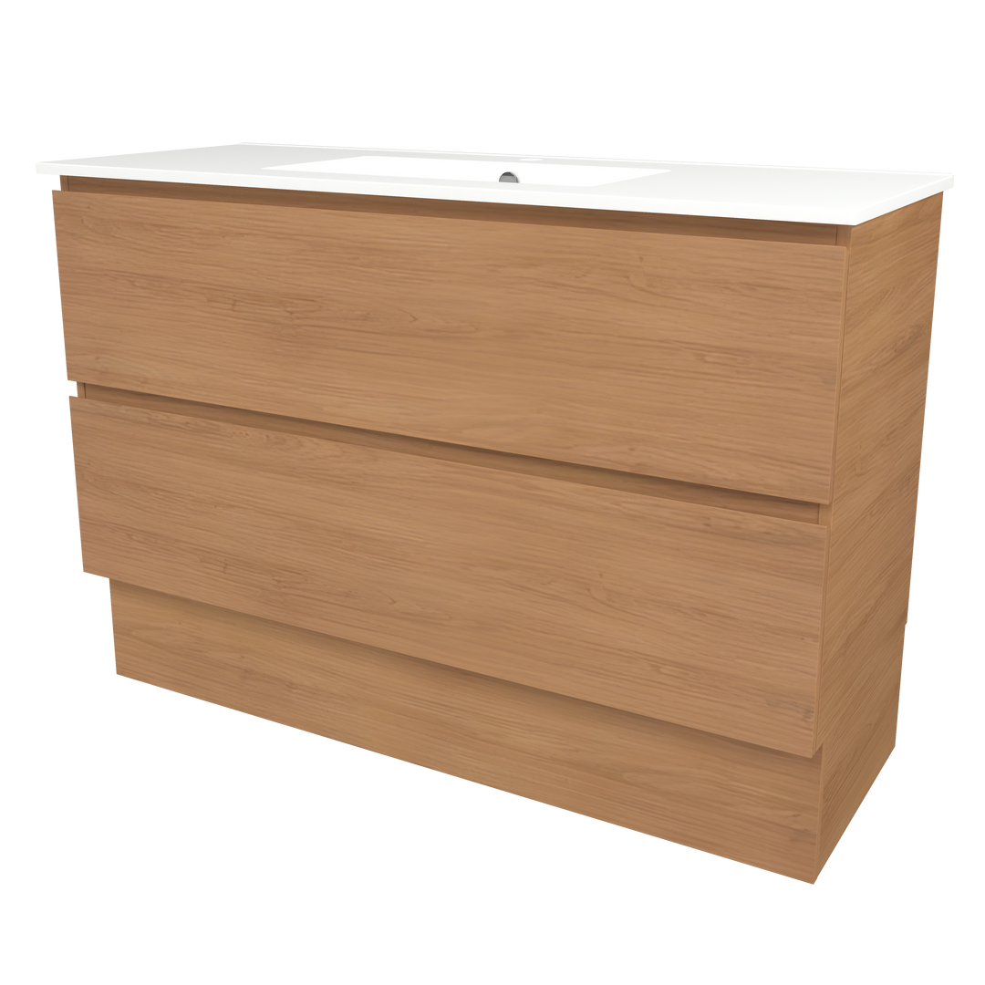 Elemental Plus Vanity Tassie Oak 1200mm Centre Bowl Alpha Top Floor Standing
