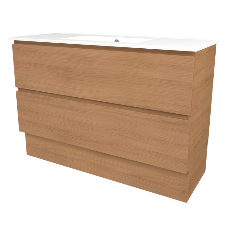 Elemental Plus Vanity Tassie Oak 1200mm Centre Bowl Alpha Top Floor Standing