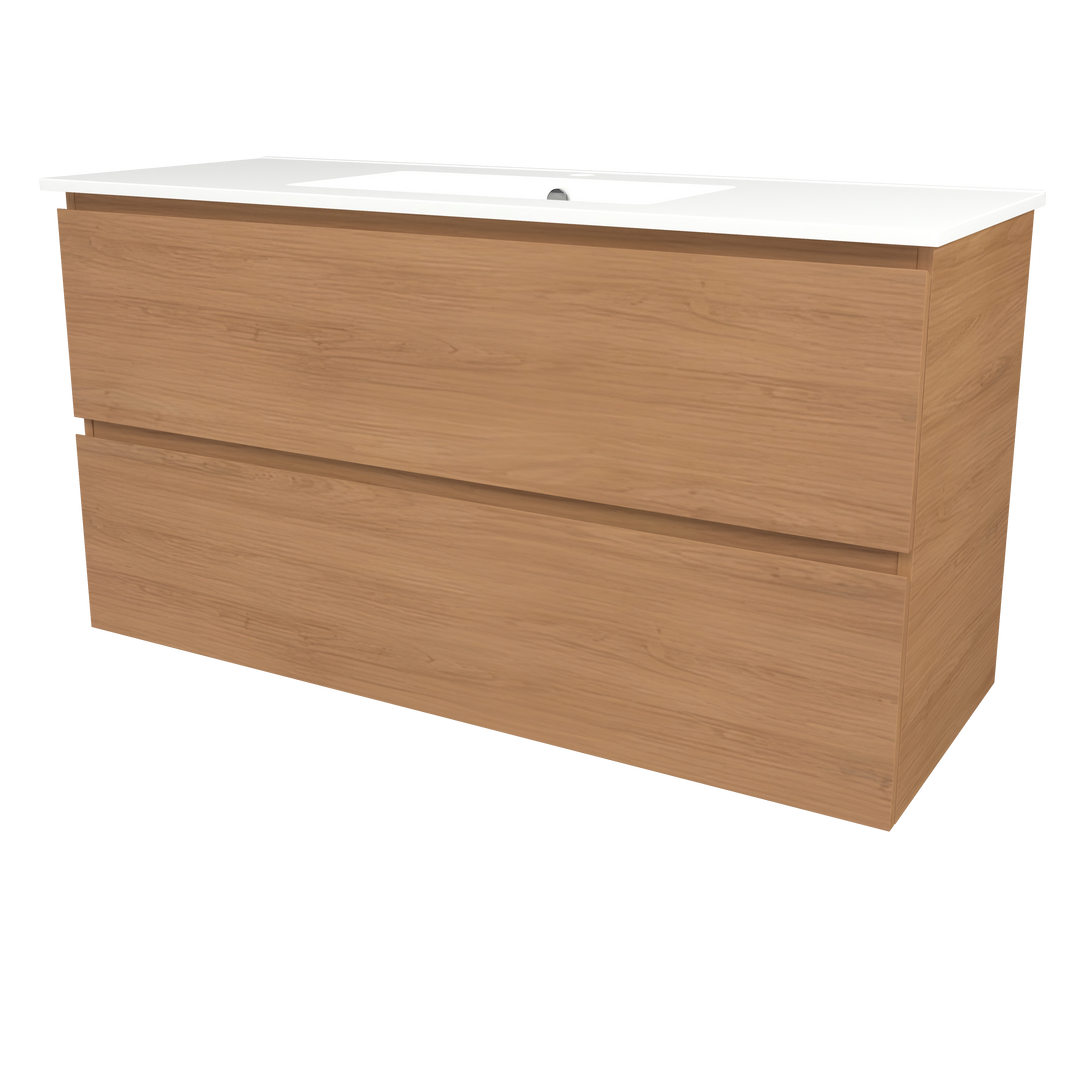 Elemental Plus Vanity Tassie Oak 1200mm Centre Bowl Alpha Top Floor Standing