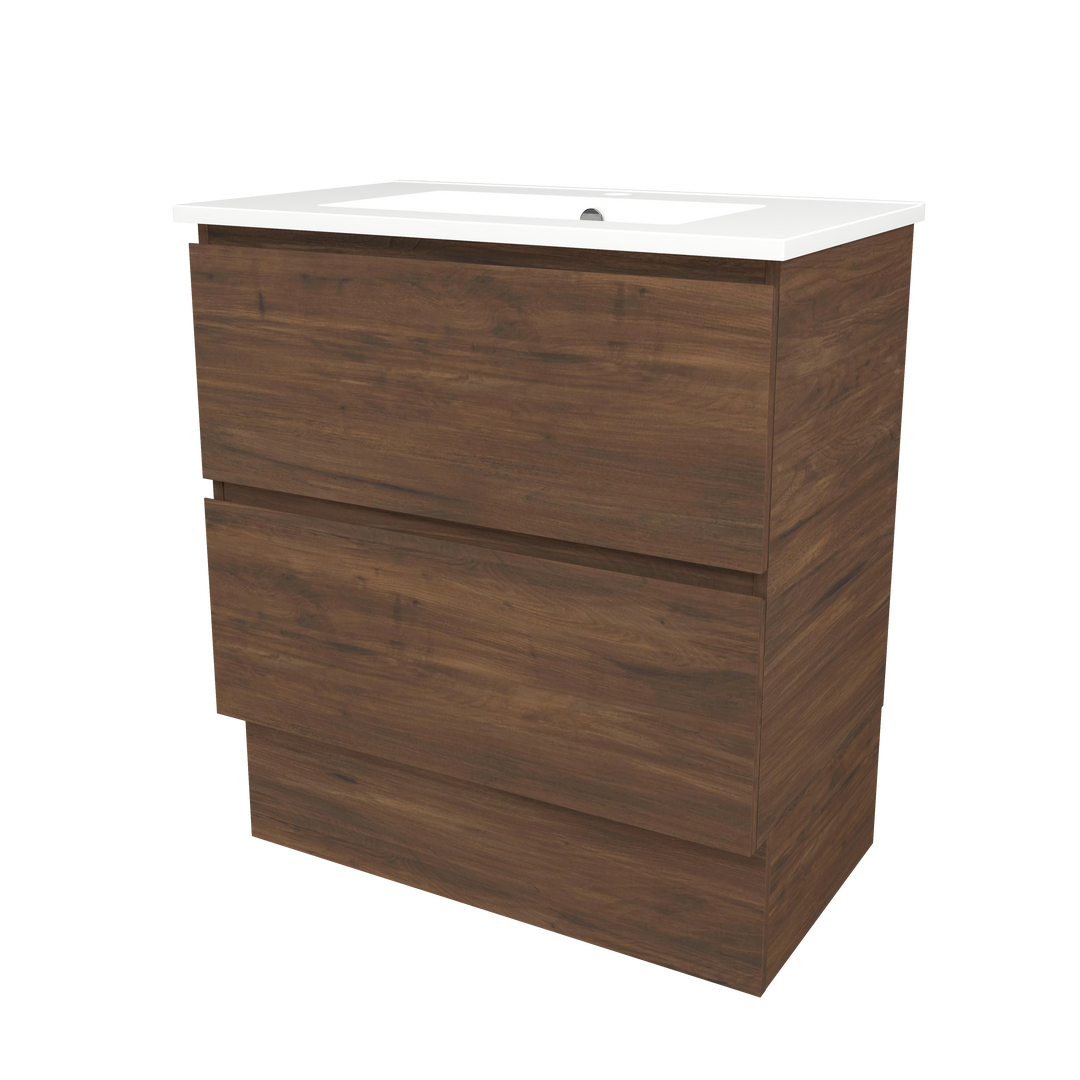 Elemental Plus Vanity Aged Walnut 750mm Centre Bowl Alpha Top Floor Standing