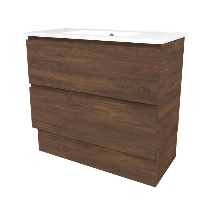 Elemental Plus Vanity Aged Walnut 900mm Centre Bowl Alpha Top Floor Standing