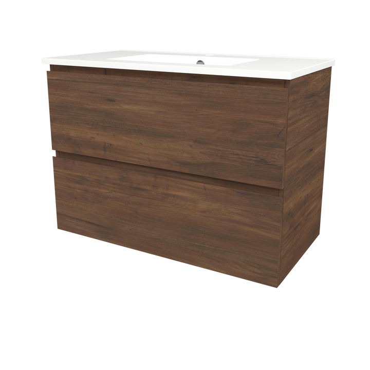 Elemental Plus Vanity Aged Walnut 900mm Centre Bowl Alpha Top Floor Standing